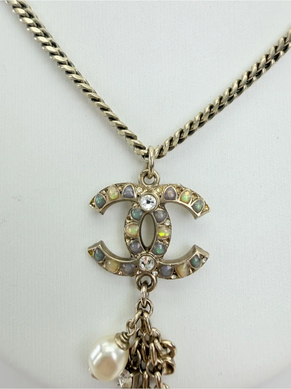 Chanel Classic Gold CC Iridescent Bead Pearl Dangle Chain Necklace